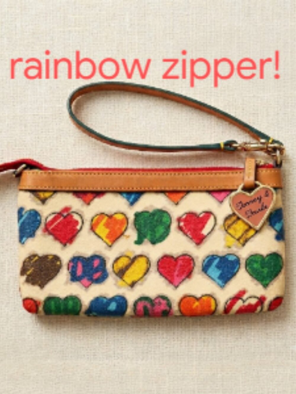Dooney & Bourke Vintage RAINBOW ZIPPER Wristlet Clutch Heart pattern and fob - Picture 1 of 14